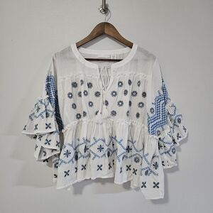Anthropologie PURE / US White Blue Embroidered Ruffled Boho Tassel Blouse Medium
